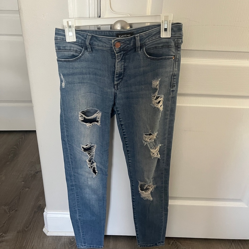 bebe Ripped Skinny Jeans in Medium Blue Wash